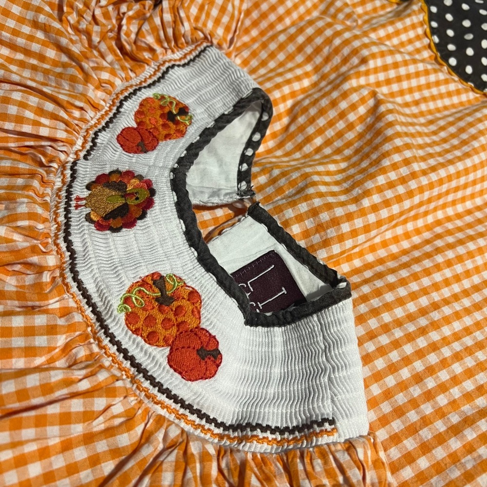 Lil Cactus Girls 4T Thanksgiving Turkey Smocked Gingham Dress Orange Brown - Picture 4 of 7